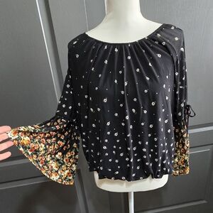 Cute Black Top With Yellow/Orange/Green Floral Bell Sleeves. Sz L